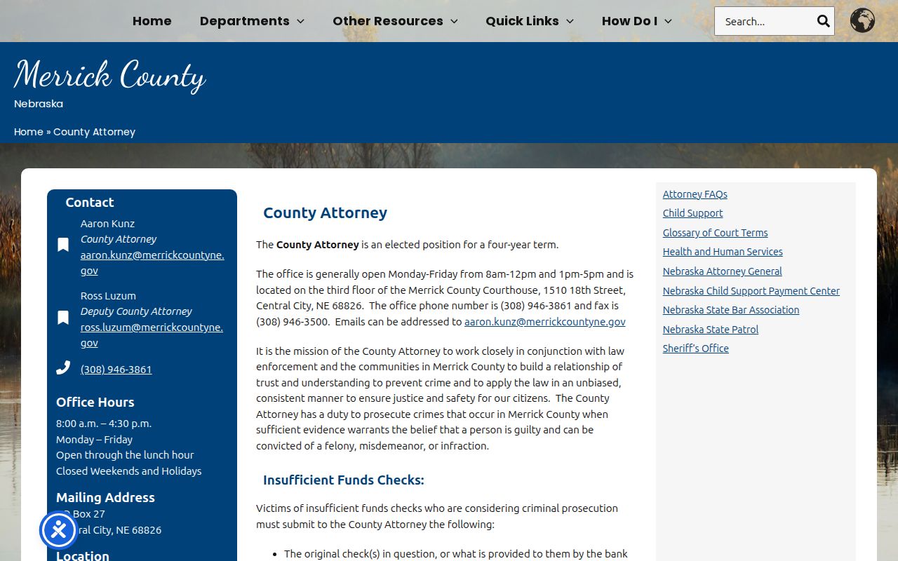 Merrick County traffic warrant search County Attorney page