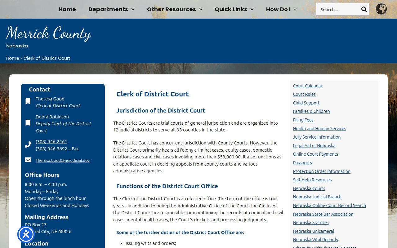 Merrick County warrant records District Court Clerk contact page