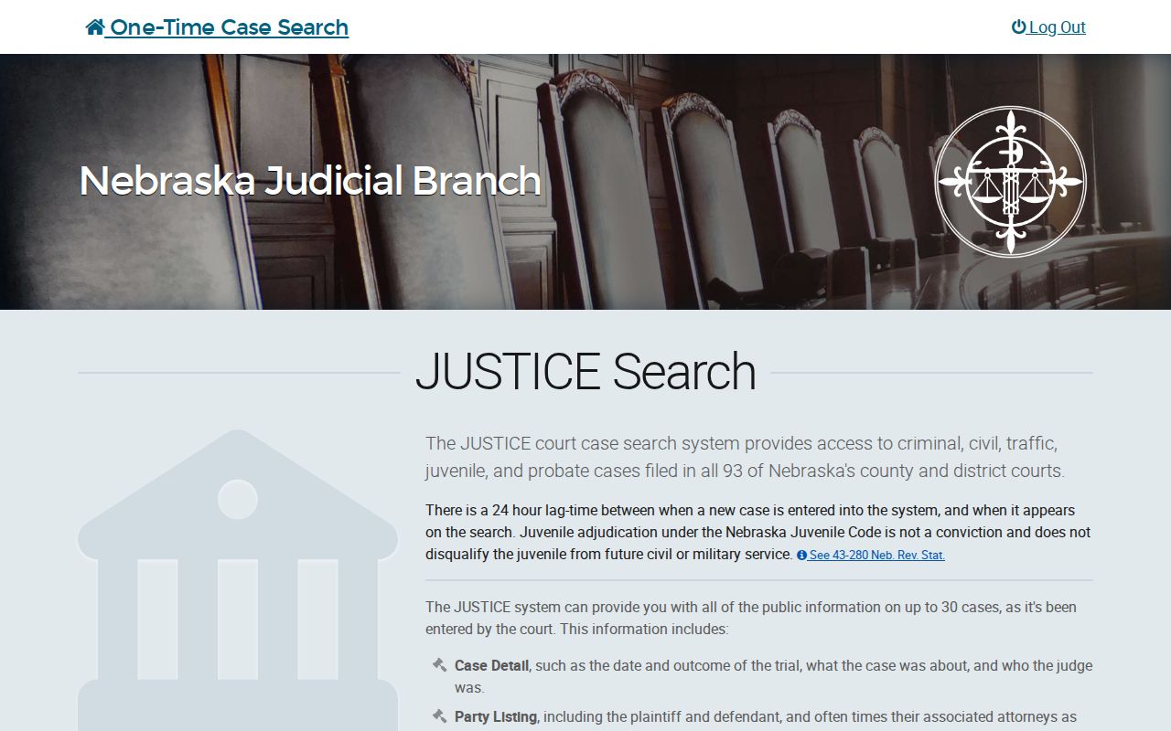 Merrick County warrant lookup Nebraska JUSTICE search interface